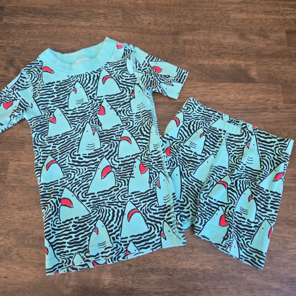 Hanna Andersson Kids Shark Print Organic Cotton Pajama Set Turquoise Blue US 4